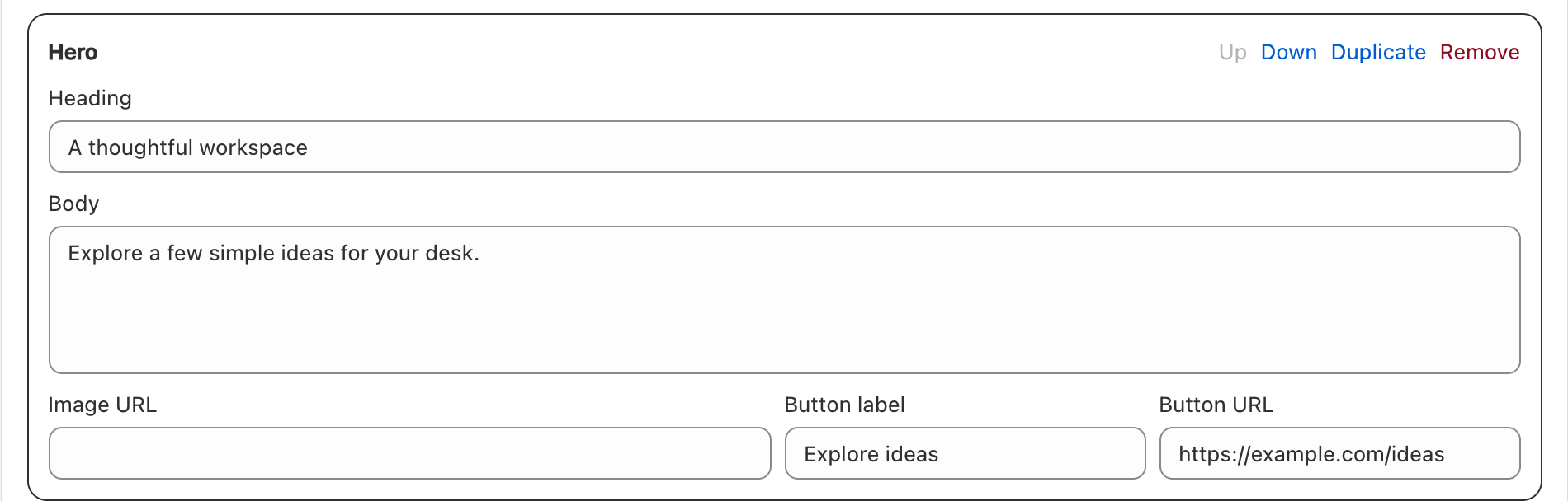 Campaign hero block editor with heading, body, image URL and call-to-action fields