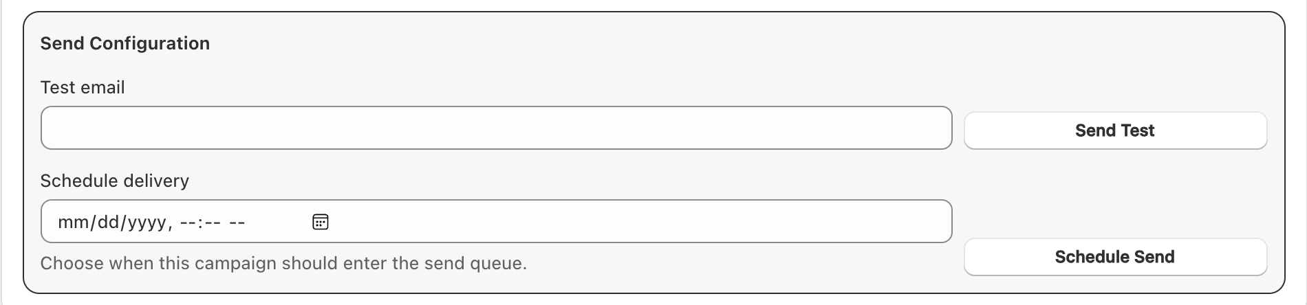 Send Configuration panel with empty test email and schedule fields