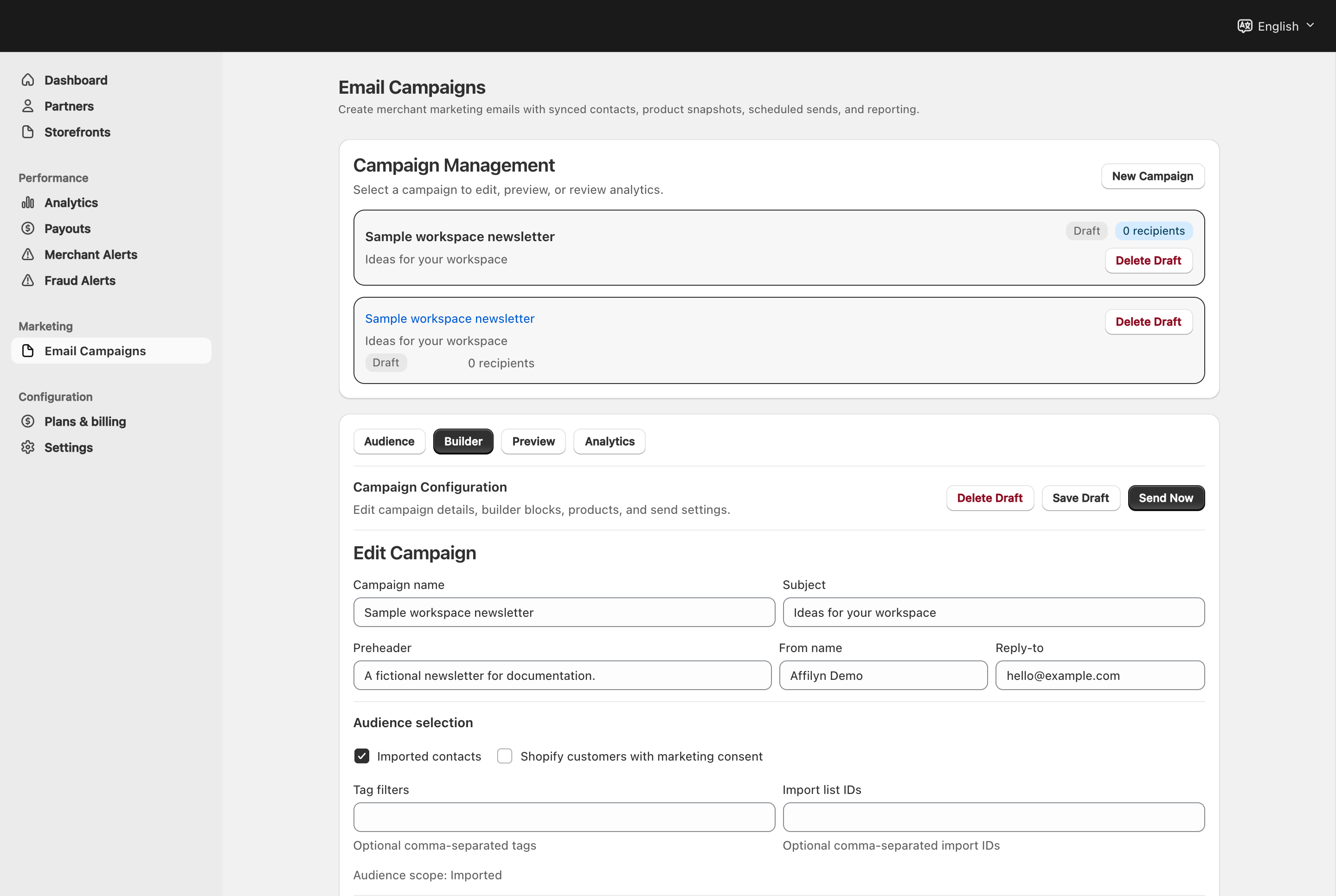 Merchant Email Campaigns with a fictional draft, subject, sender and audience controls