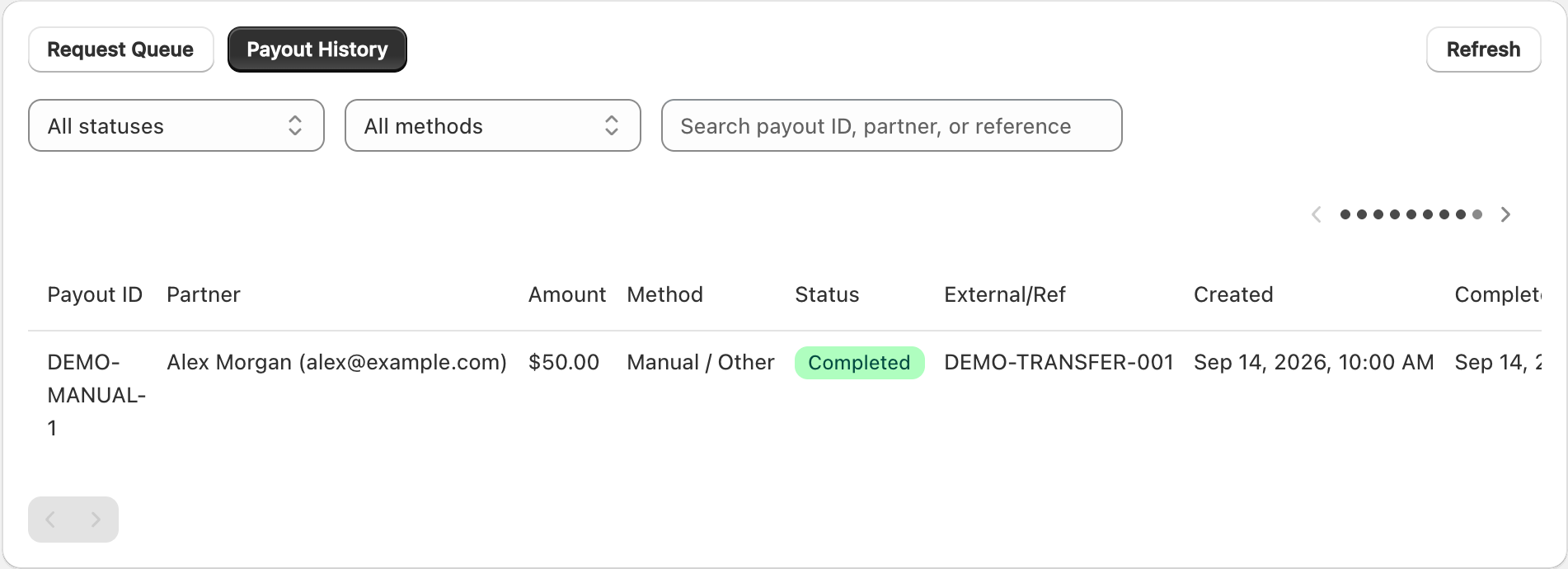 Payout History table with a fictional completed manual payment and status, method and search filters