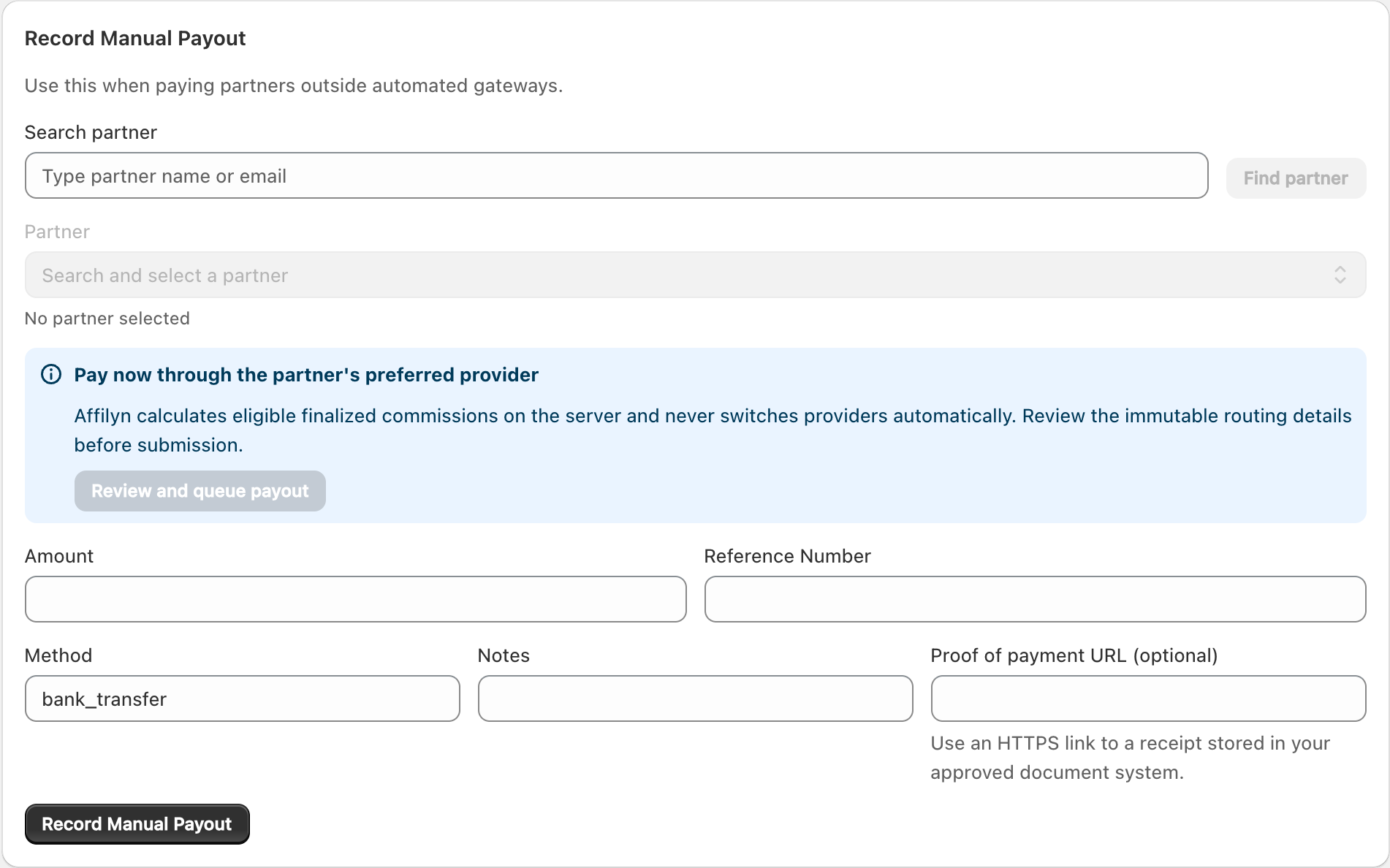 Manual payout form with partner lookup, payment details and recording action