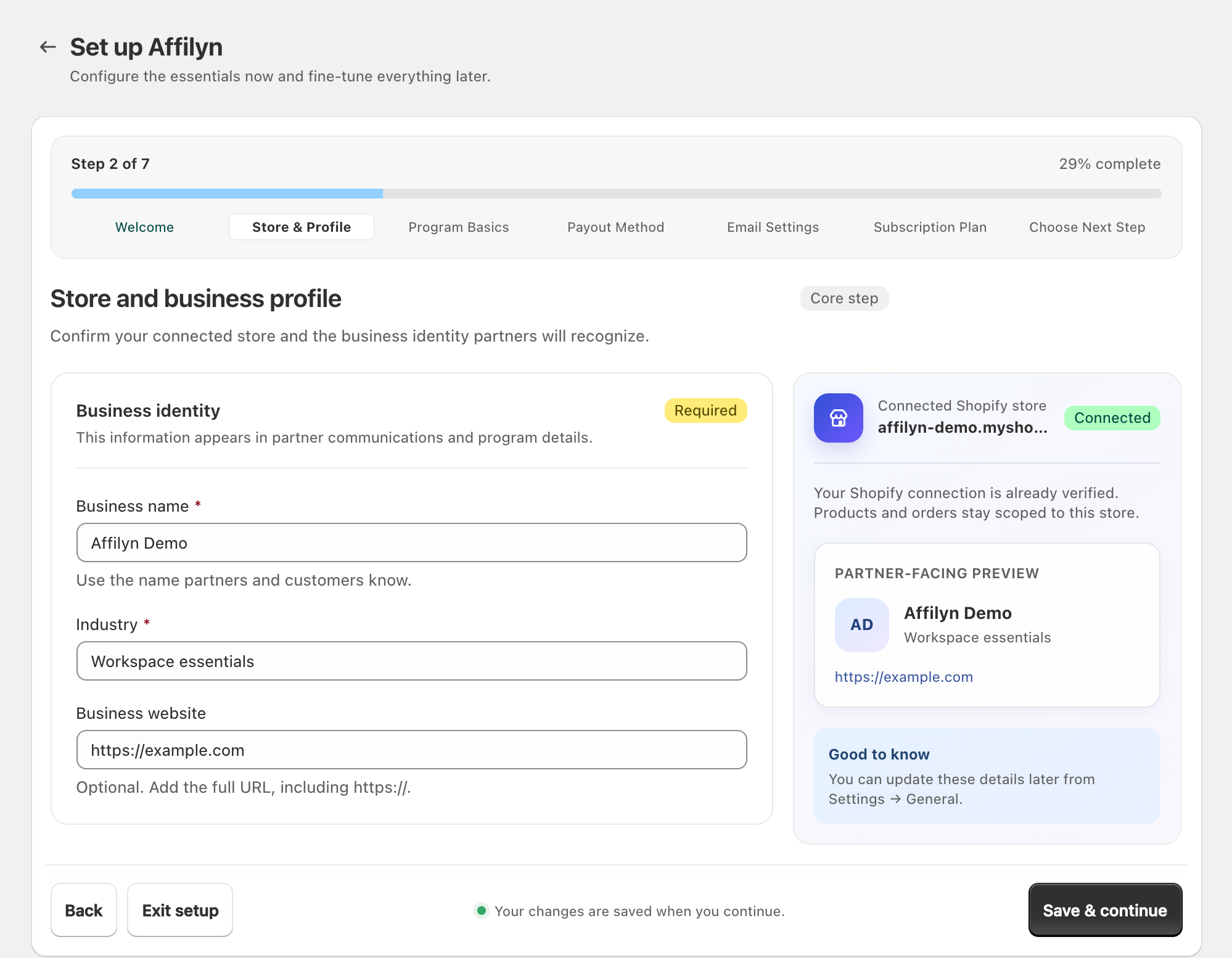 Setup Store and Profile step with business name, industry, website and sample identity preview