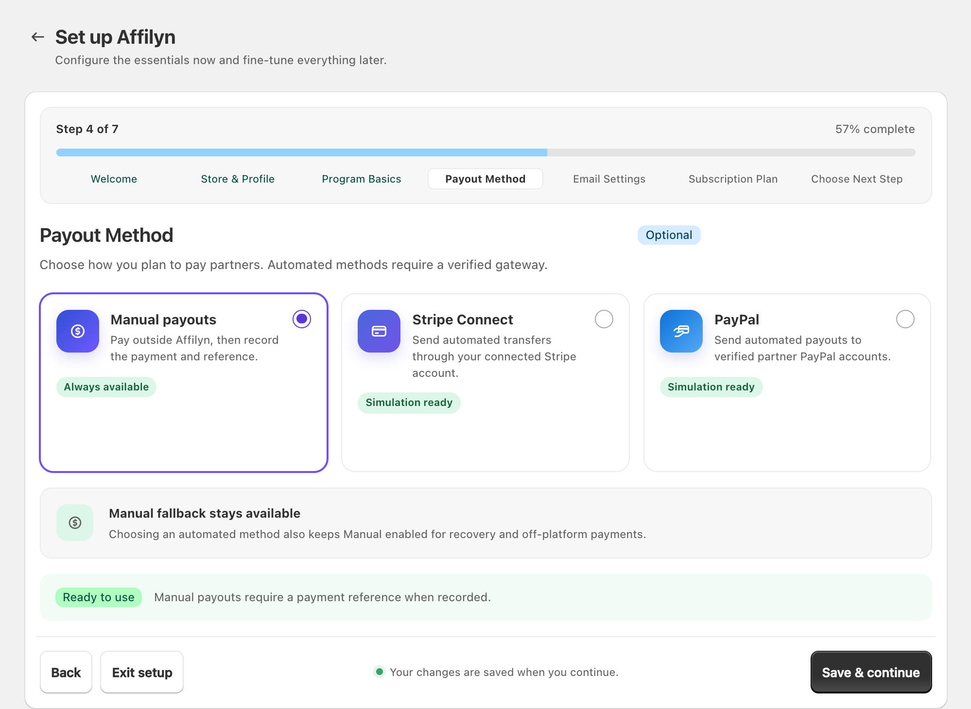 Setup payout-method choices and a fictional Manual / Other selection
