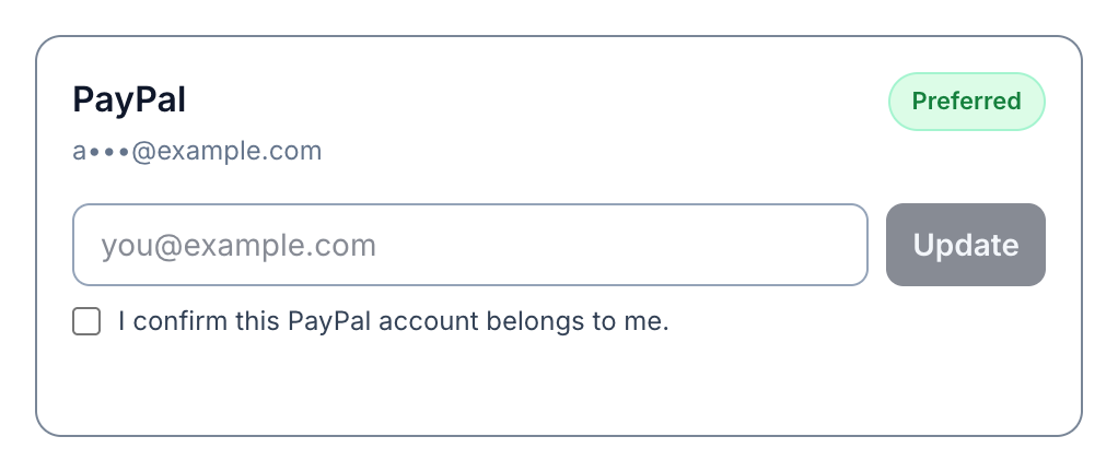 PayPal destination card showing a masked example.com email and a green Preferred badge above an empty update form.