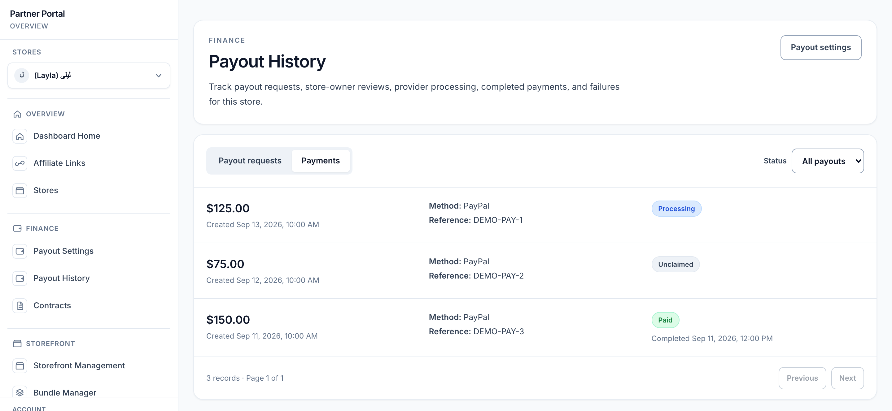 Partner Payout History with Layla selected and three PayPal records: 125 USD Processing, 75 USD Unclaimed, and 150 USD Paid, including dates and sample references.