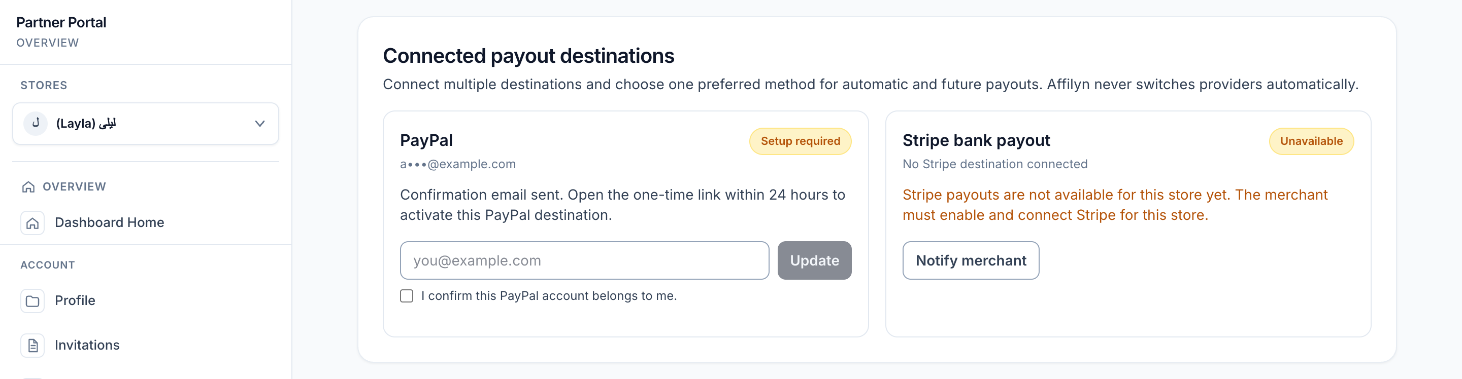 Partner sidebar with Layla selected beside a PayPal card showing a masked sample email, Setup required, the 24-hour confirmation instruction, and an empty update form.