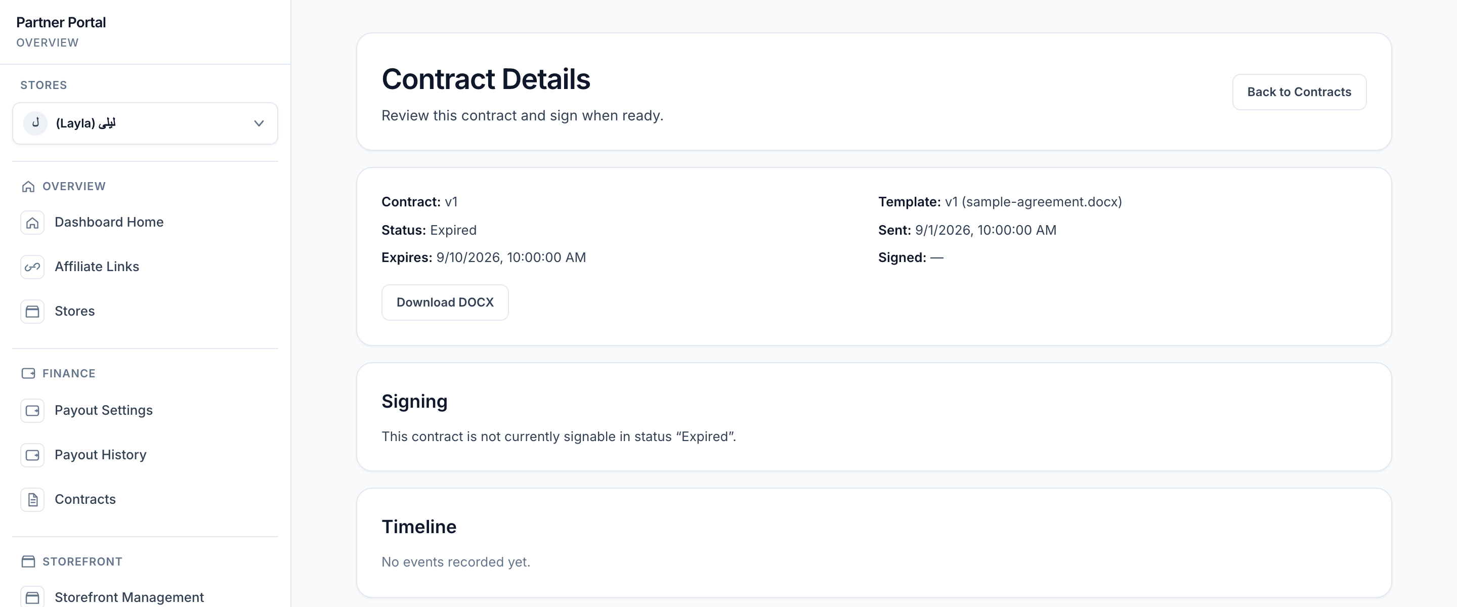 Contract Details in the Partner Portal with an Expired sample-agreement.docx version, sent and expiry dates, a not-signable message, Back to Contracts, and Download DOCX.
