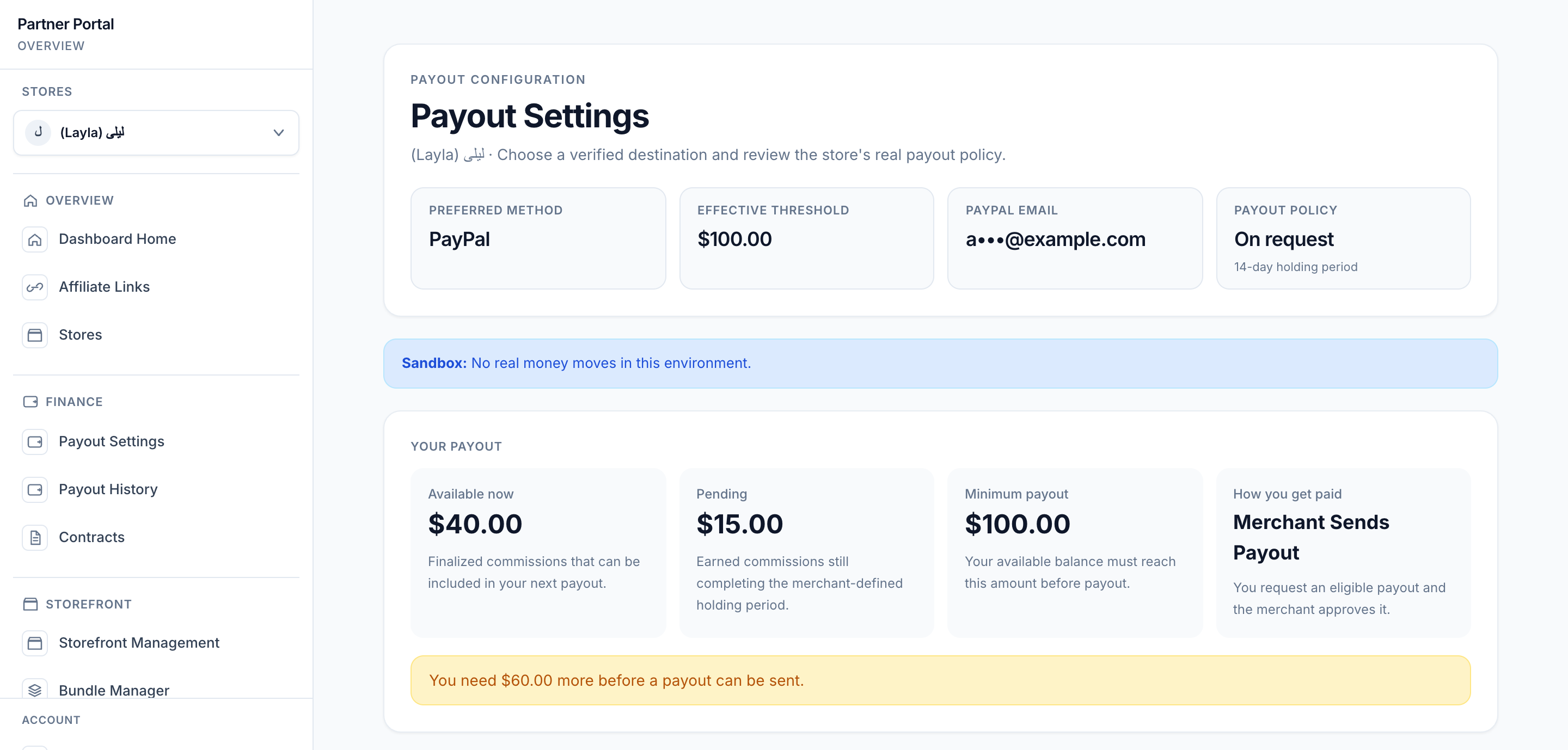 Selected-store payout settings with PayPal preferred, a 100 USD threshold, 40 USD available, 15 USD pending, sandbox notice, and a 60 USD shortfall.