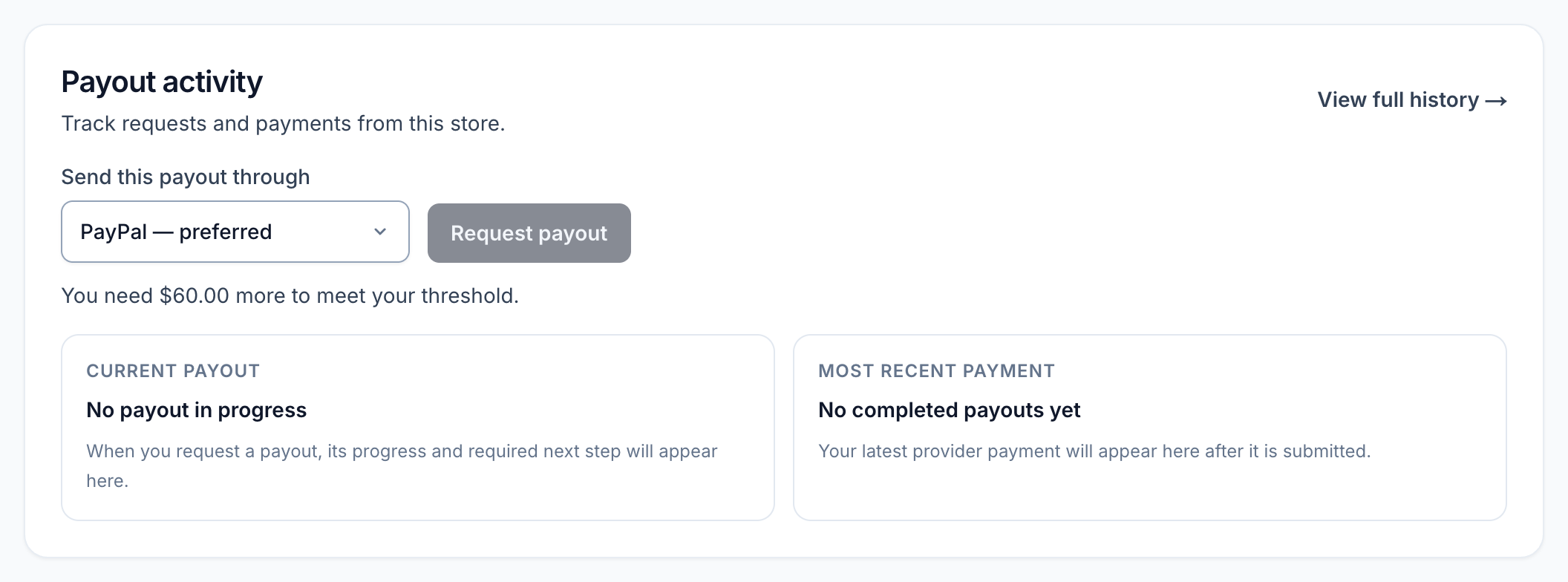 Payout activity with PayPal preferred, a disabled Request payout button, and a message that 60 USD more is needed to meet the threshold.