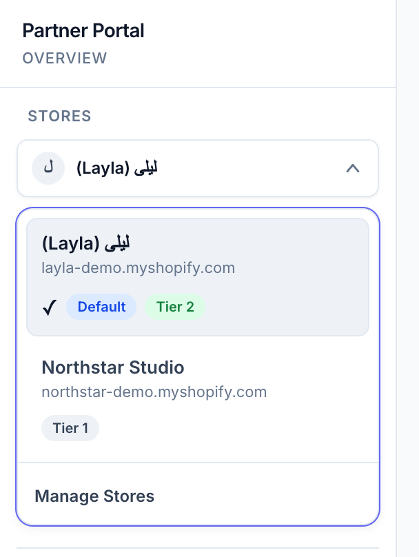 Current desktop store selector with fictional store names, selected-store checkmark, default indicator and tier labels