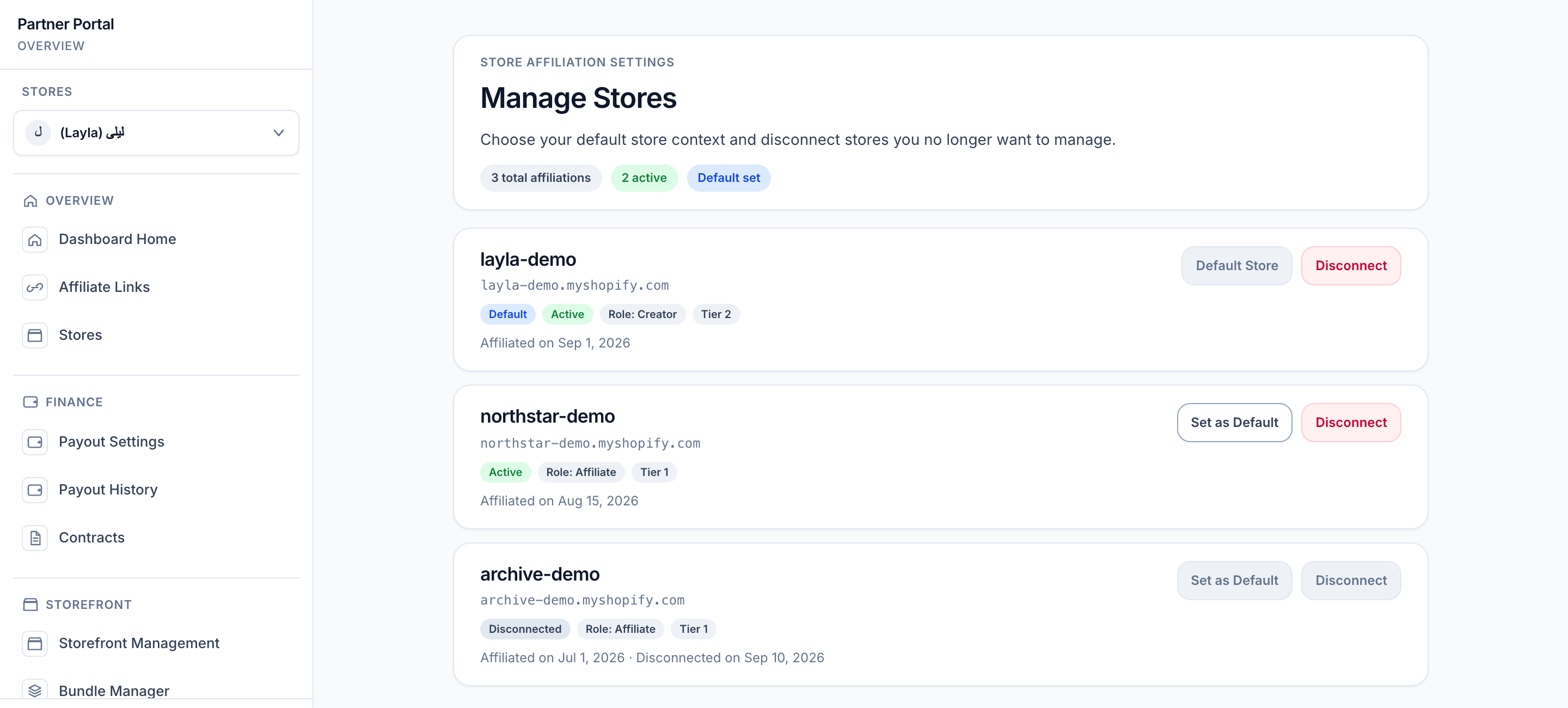 Manage Stores with fictional affiliations: two active stores have different tiers, one is the default, and one historical affiliation is disconnected
