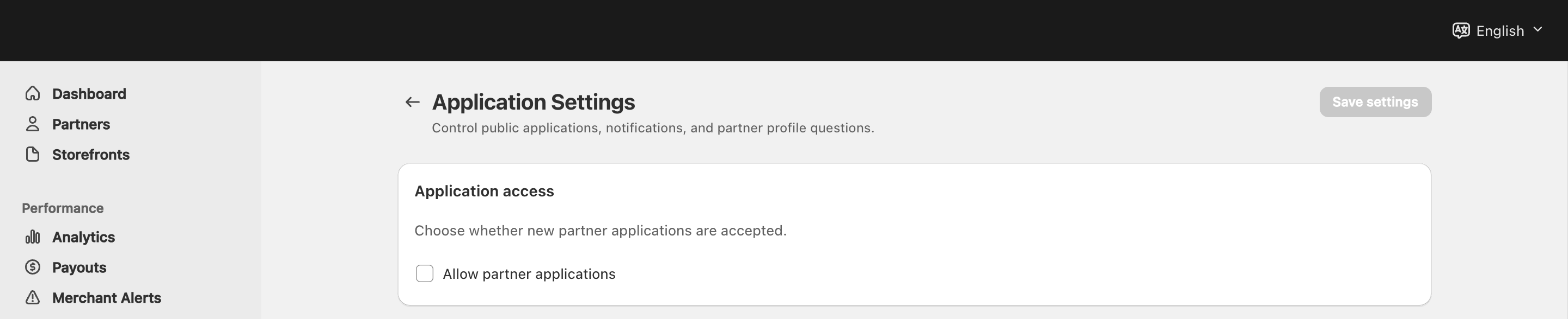 Merchant Application Settings page showing the Application access card with Allow partner applications unchecked and Save settings disabled.