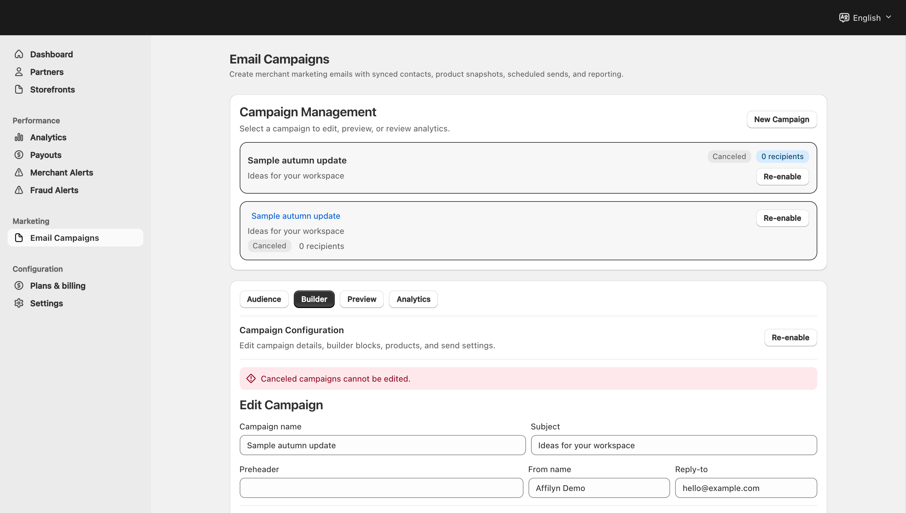 Merchant Email Campaigns with a sample canceled campaign, zero recipients, Re-enable actions, the warning Canceled campaigns cannot be edited, and fictional campaign and reply-to fields.