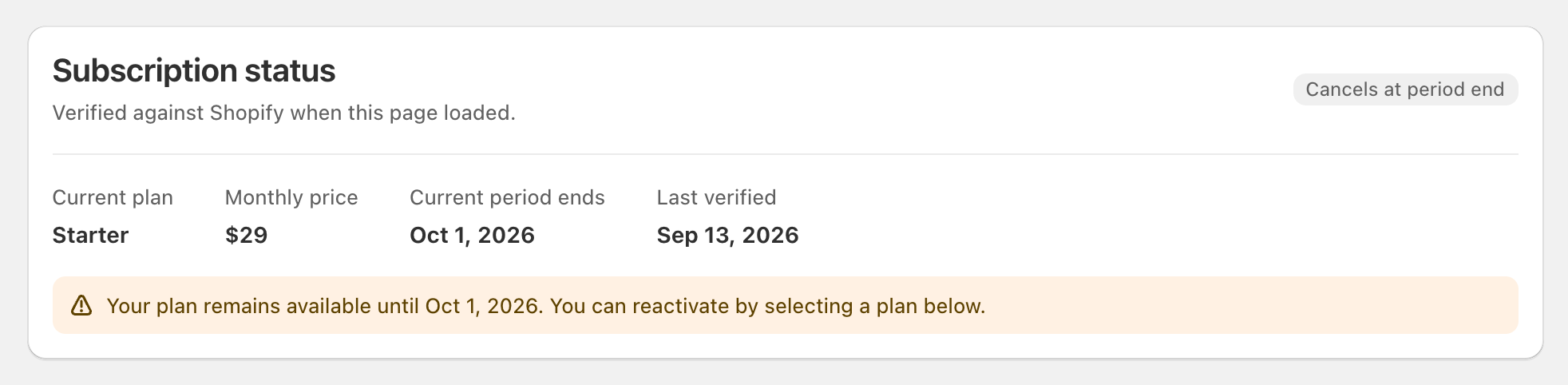 Subscription status showing Starter, Cancels at period end, and an October 1, 2026 end date with a notice that the plan remains available until then.