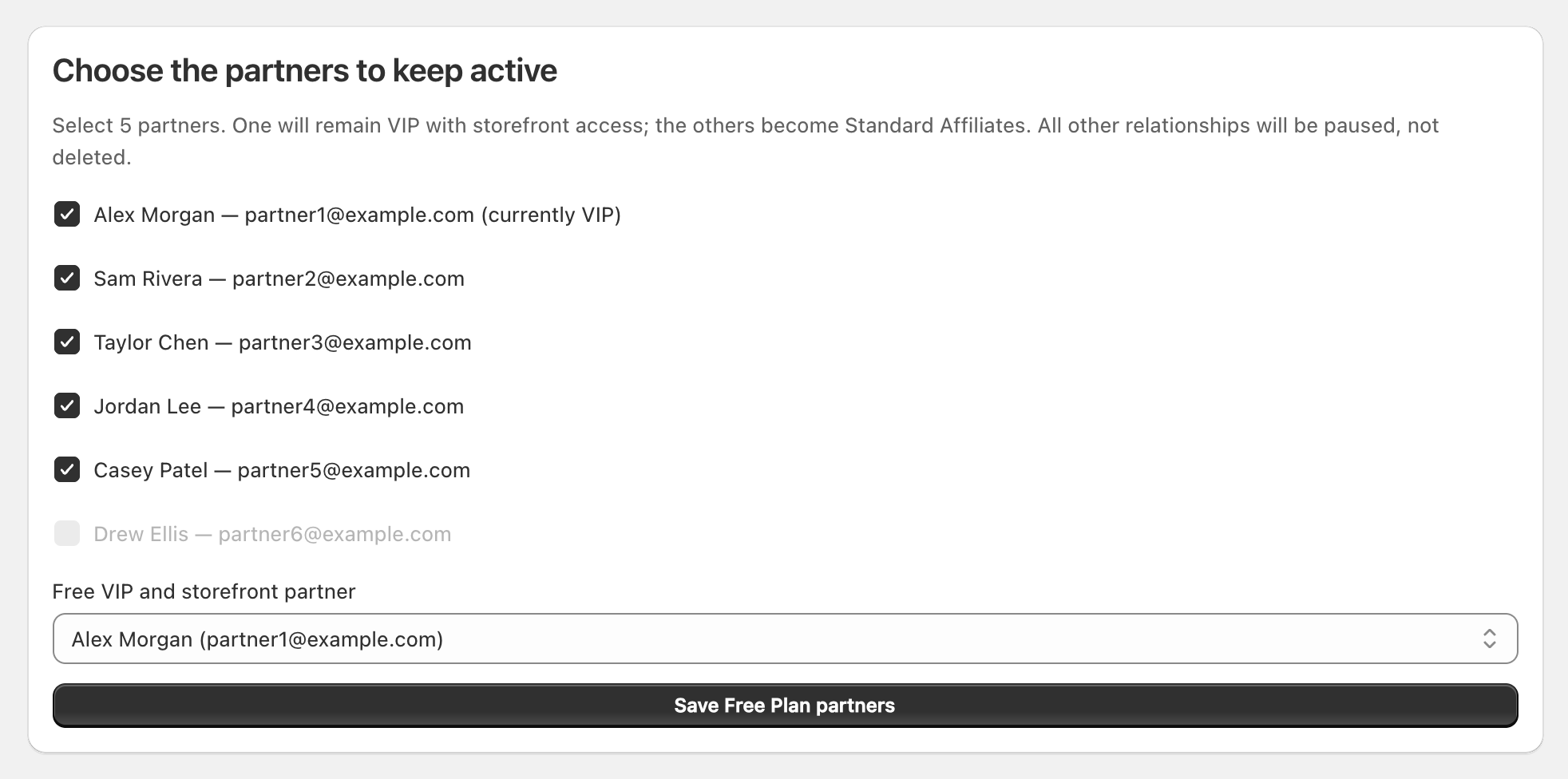 Choose the partners to keep active form with five fictional partners checked, a sixth disabled, Alex Morgan selected as the free VIP, and the Save Free Plan partners button.