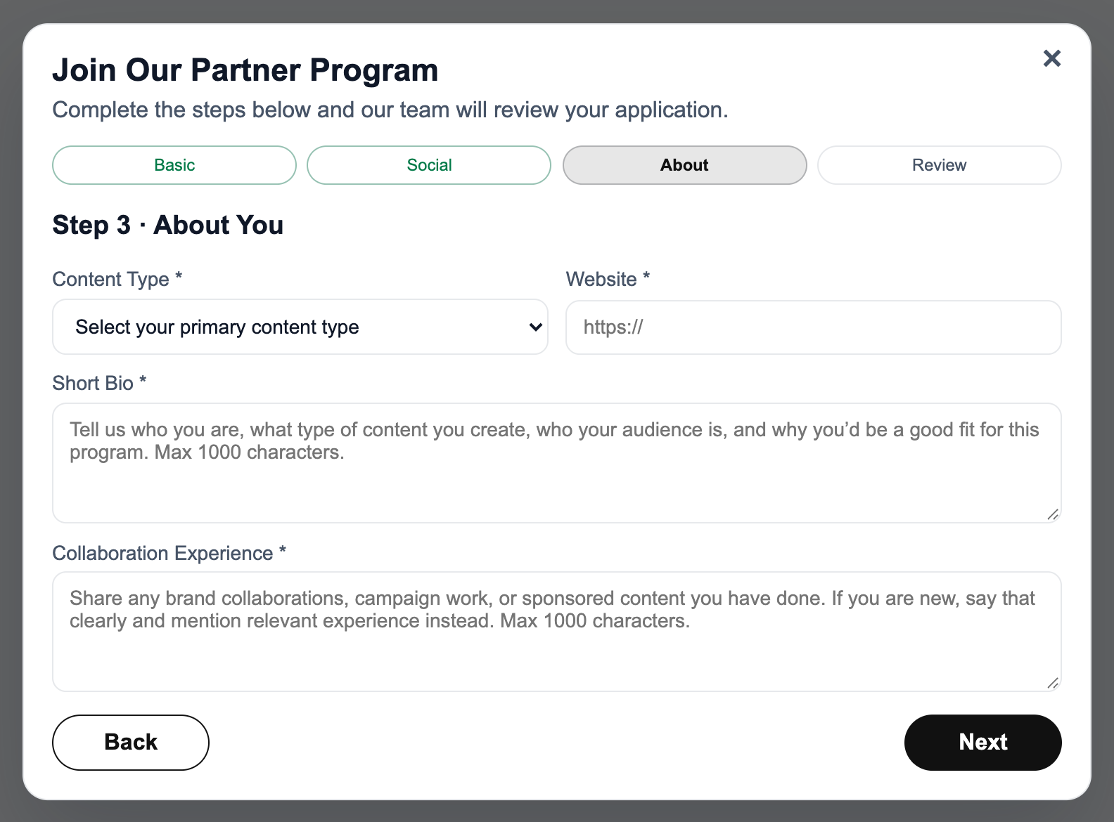Partner application About screen with four required fields, bio and collaboration guidance, and Back and Next controls.