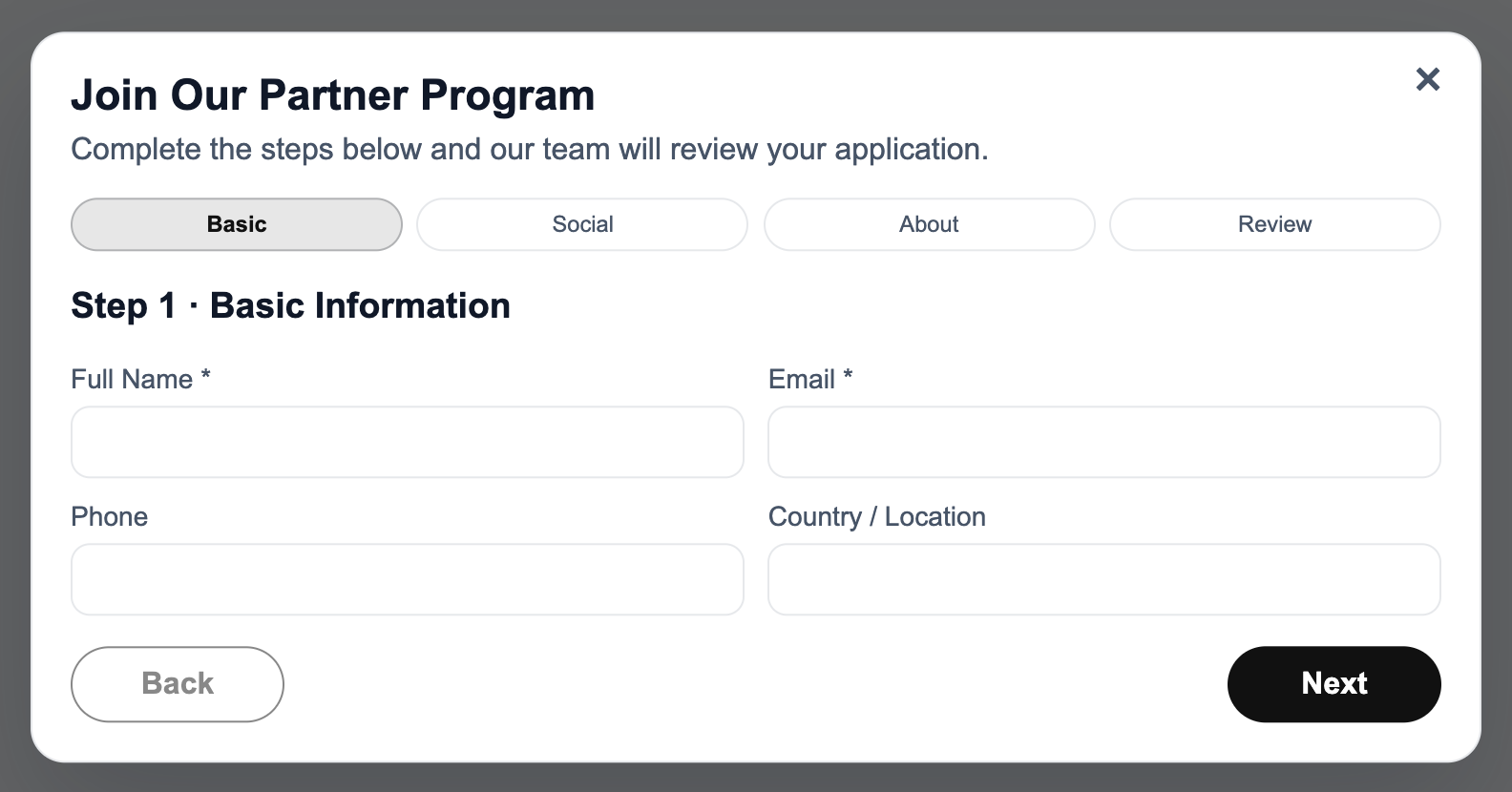 Partner application Basic screen with required Full Name and Email fields, optional Phone and Country fields, and Next and disabled Back controls.