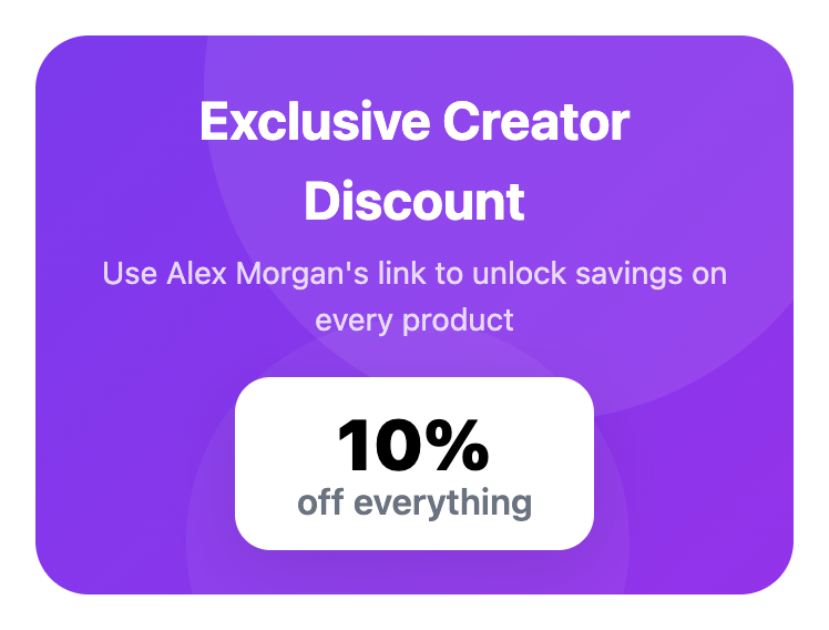 Mobile storefront banner titled Exclusive Creator Discount, referring to Alex Morgan’s link and showing 10% off everything.