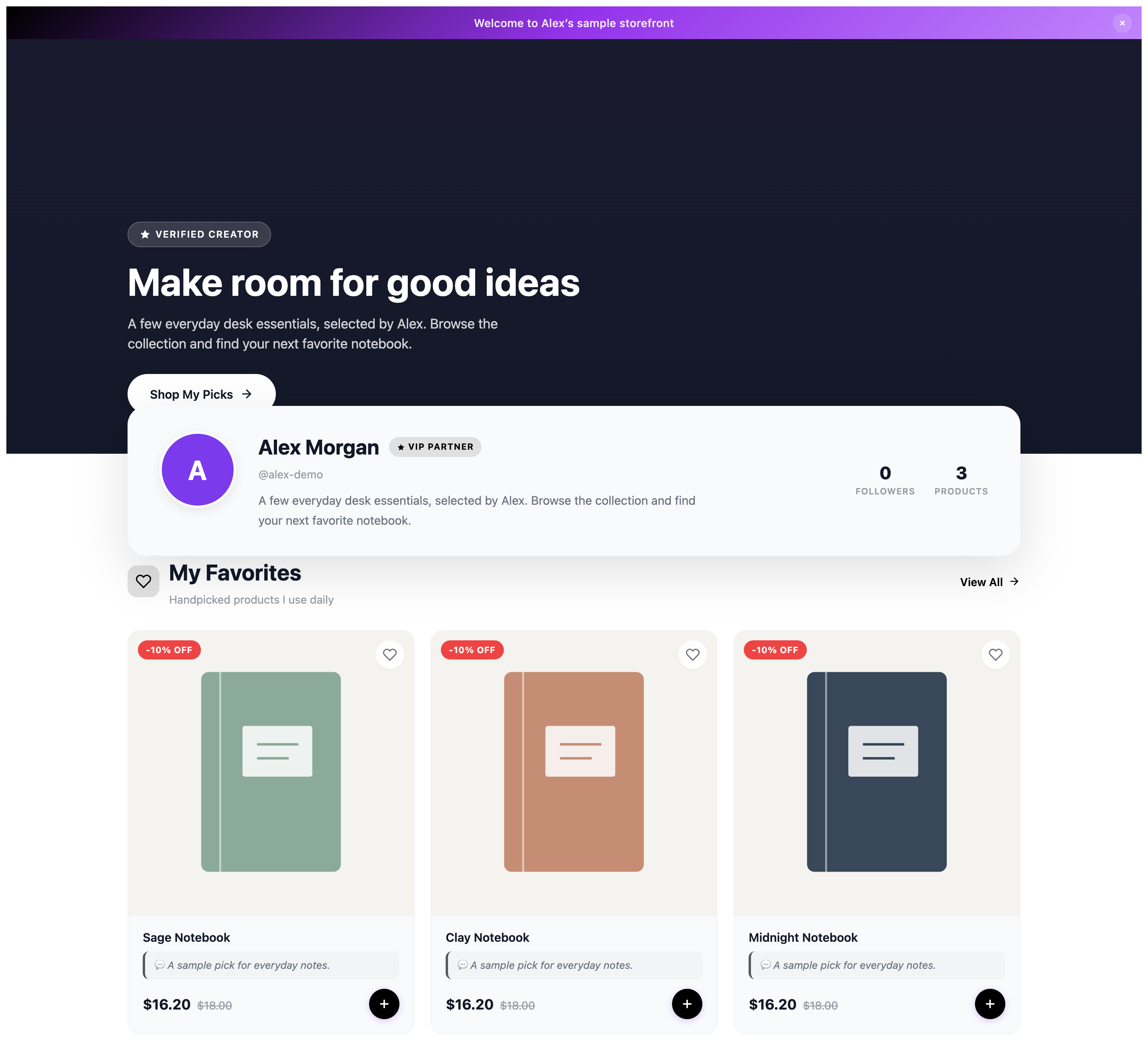 A sample public storefront with fictional creator content and products