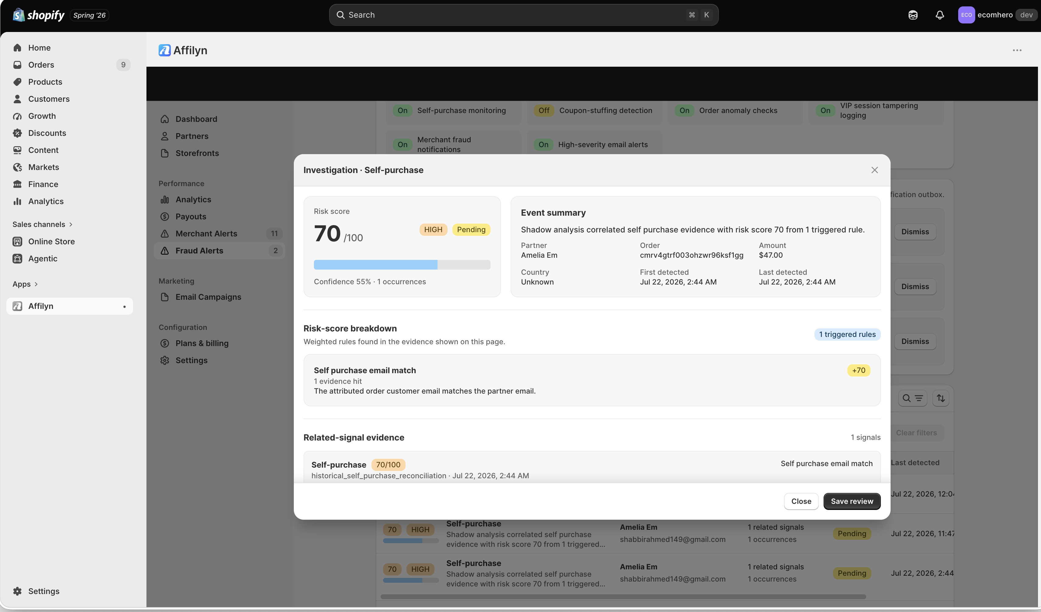 Merchant fraud investigation modal
