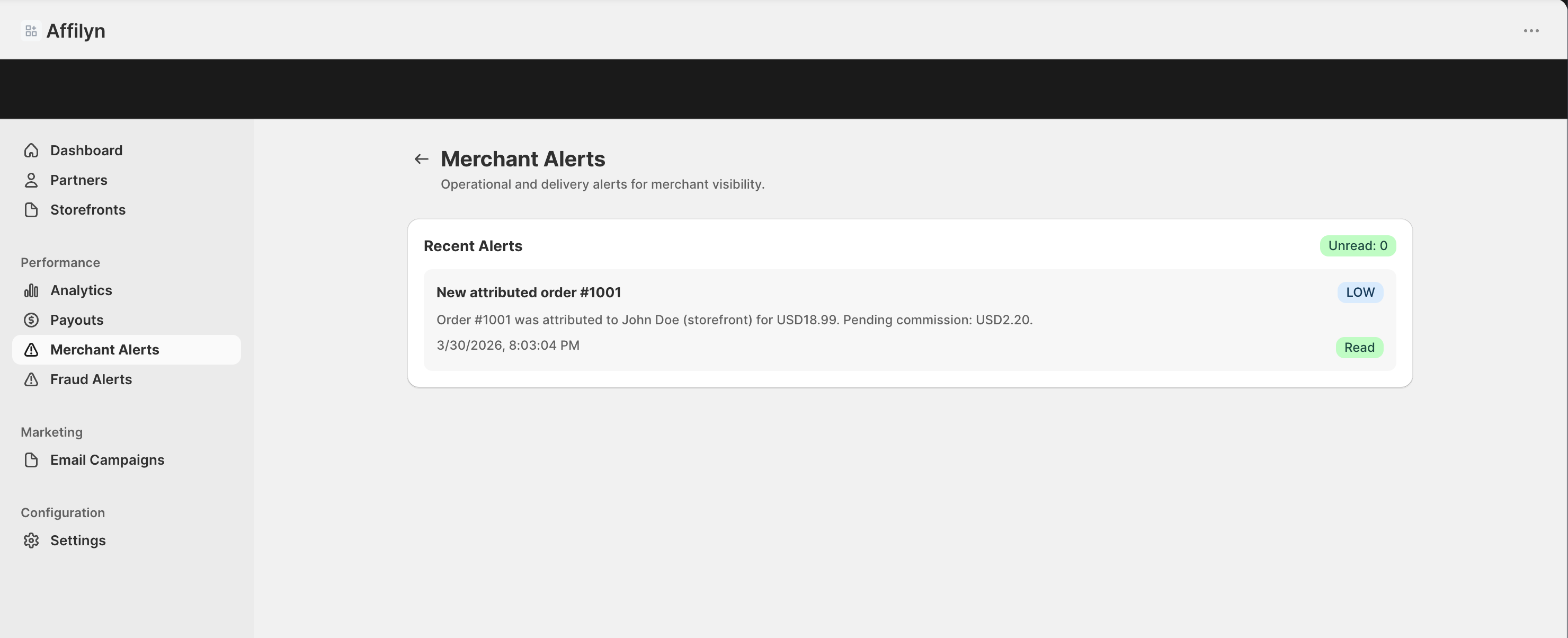 Merchant alerts list