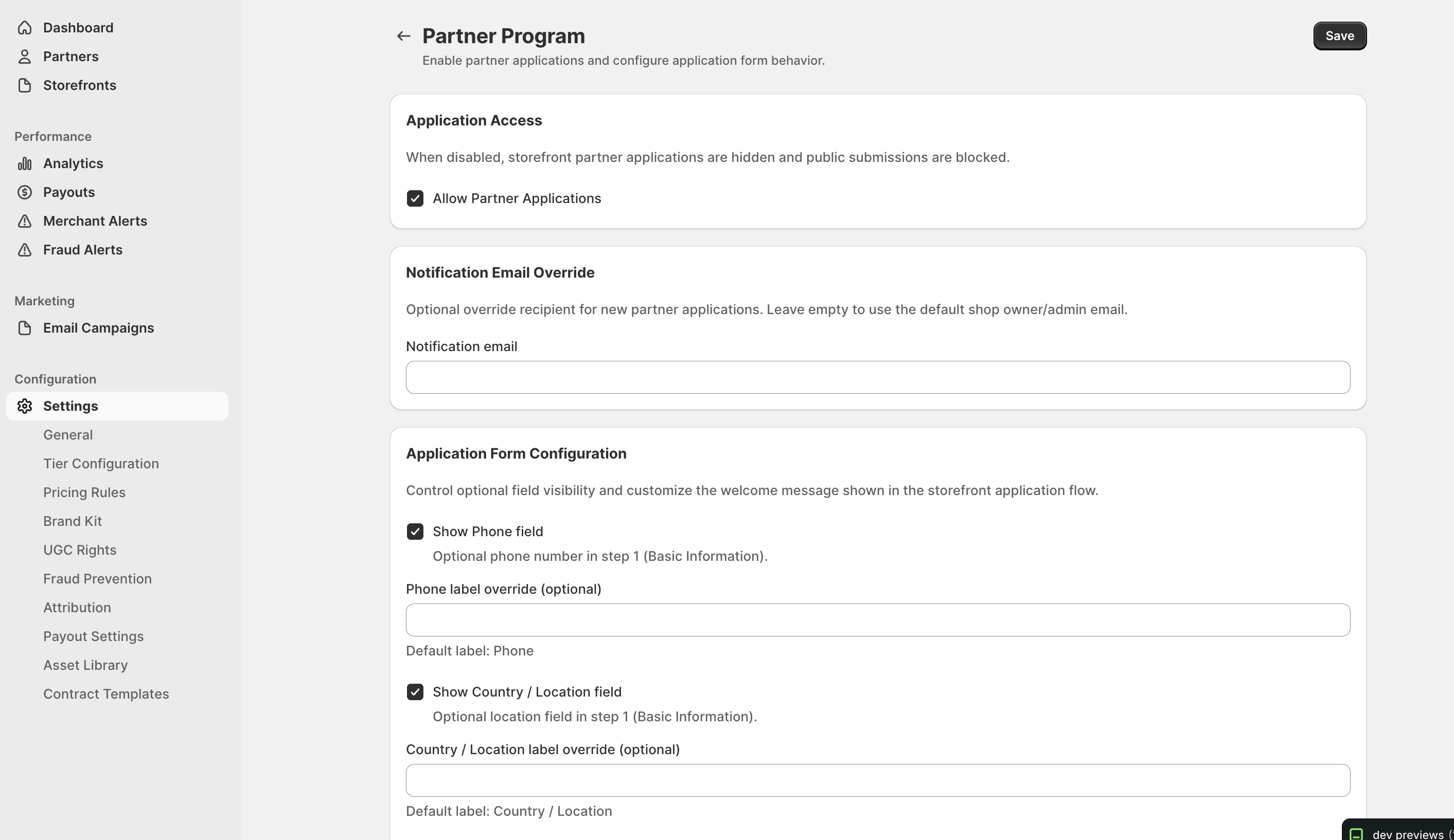 Partner Program application settings