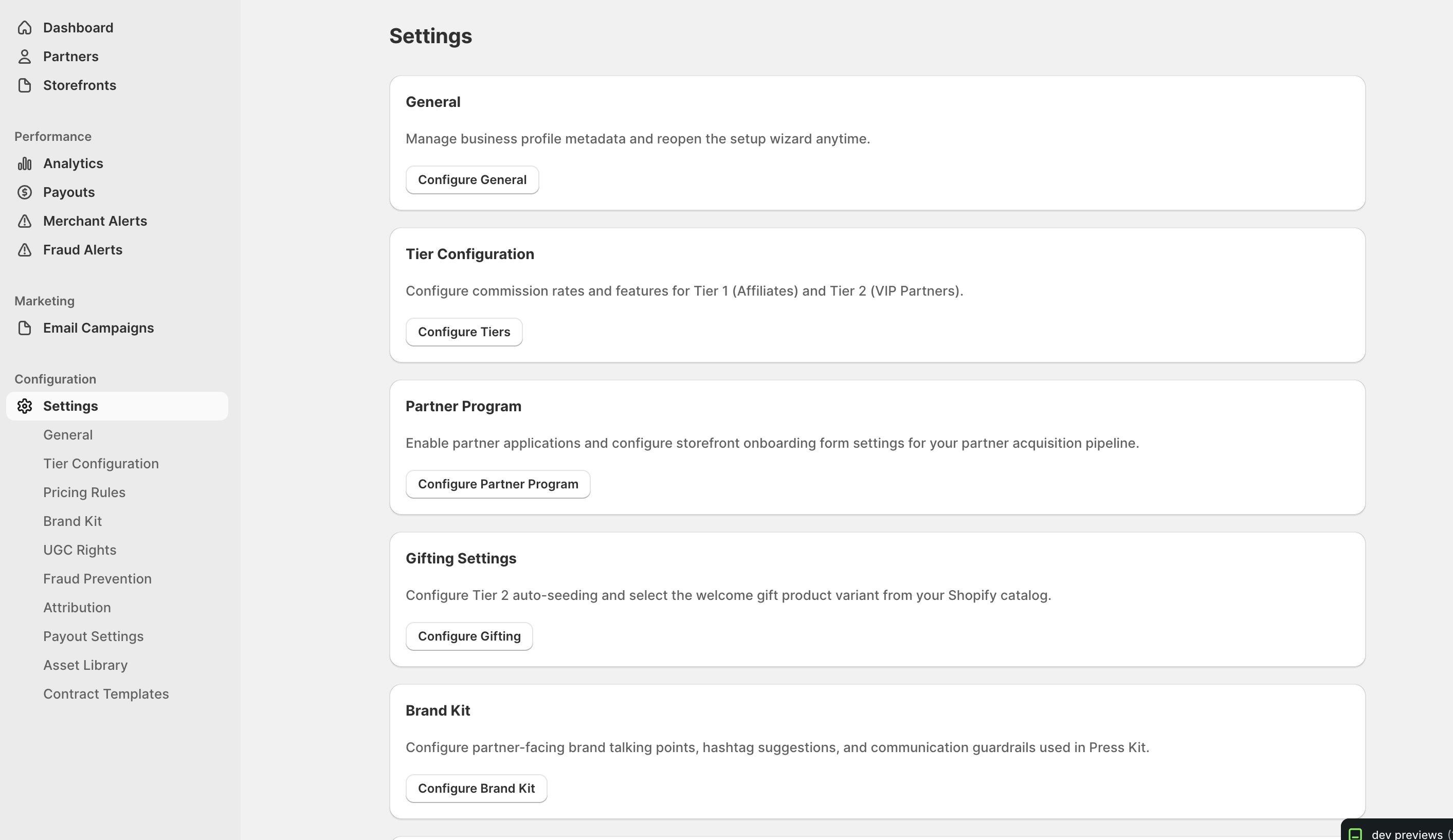 Settings overview after onboarding
