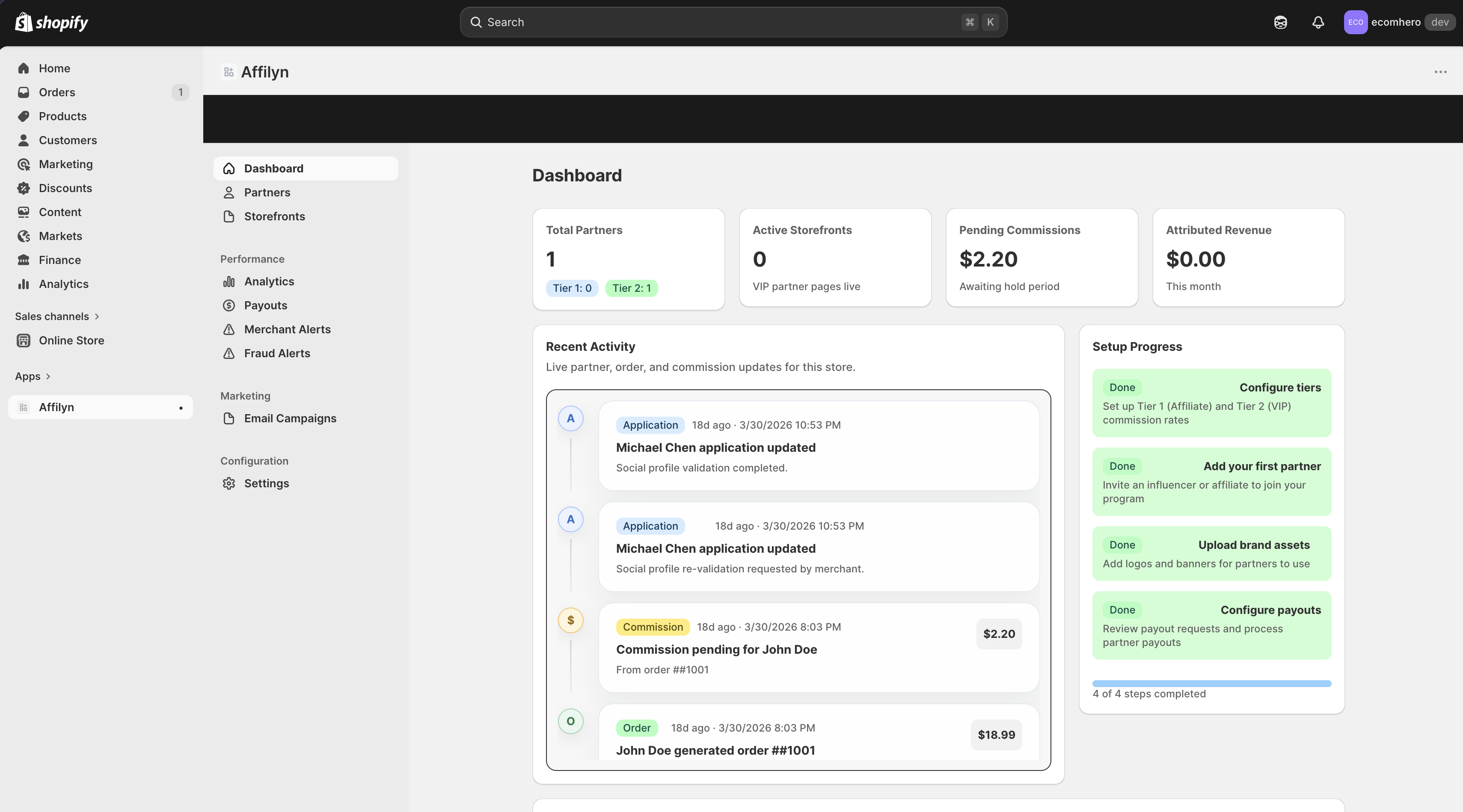 Merchant dashboard navigation