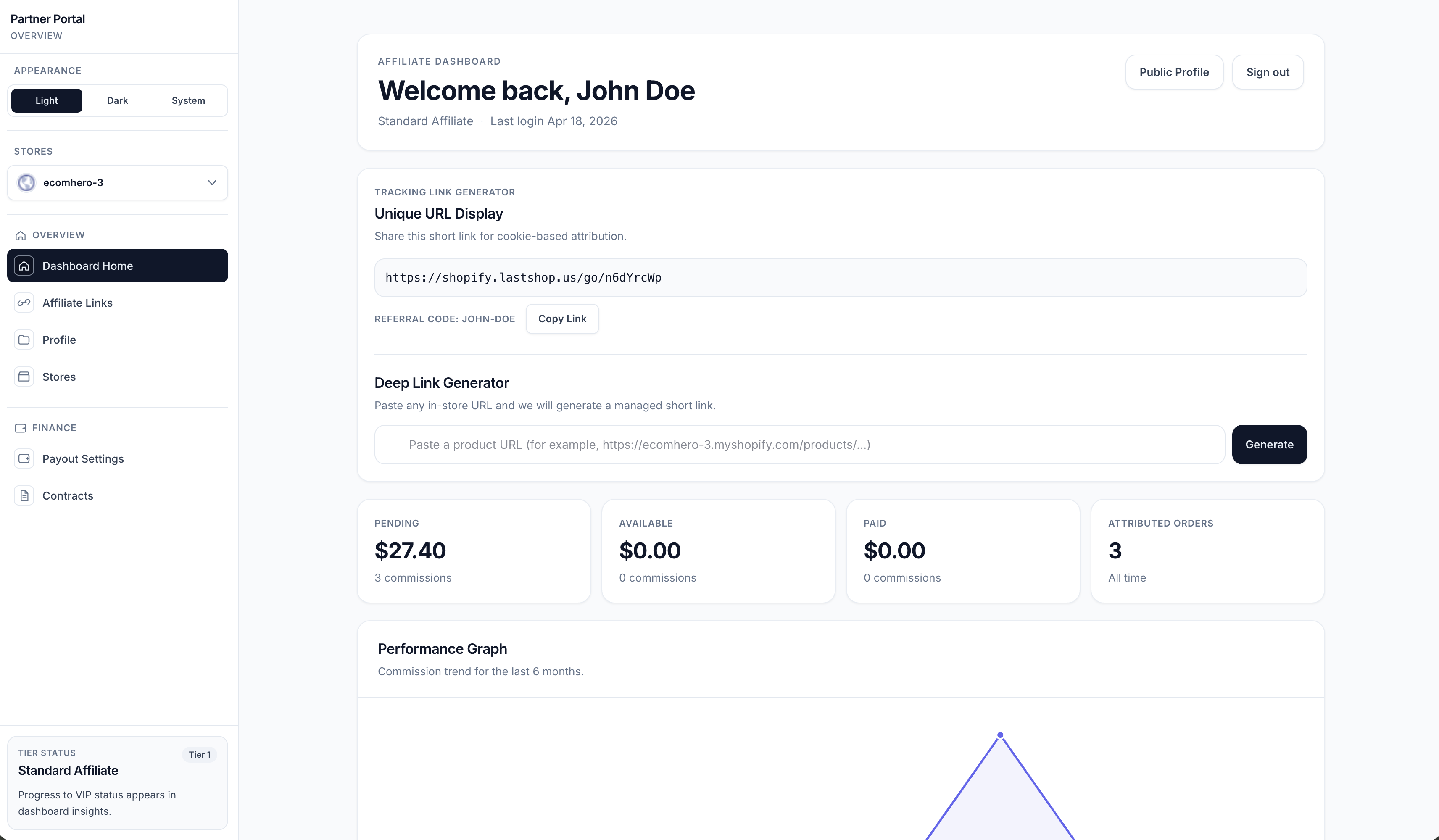 Standard Affiliate Dashboard and Navigation