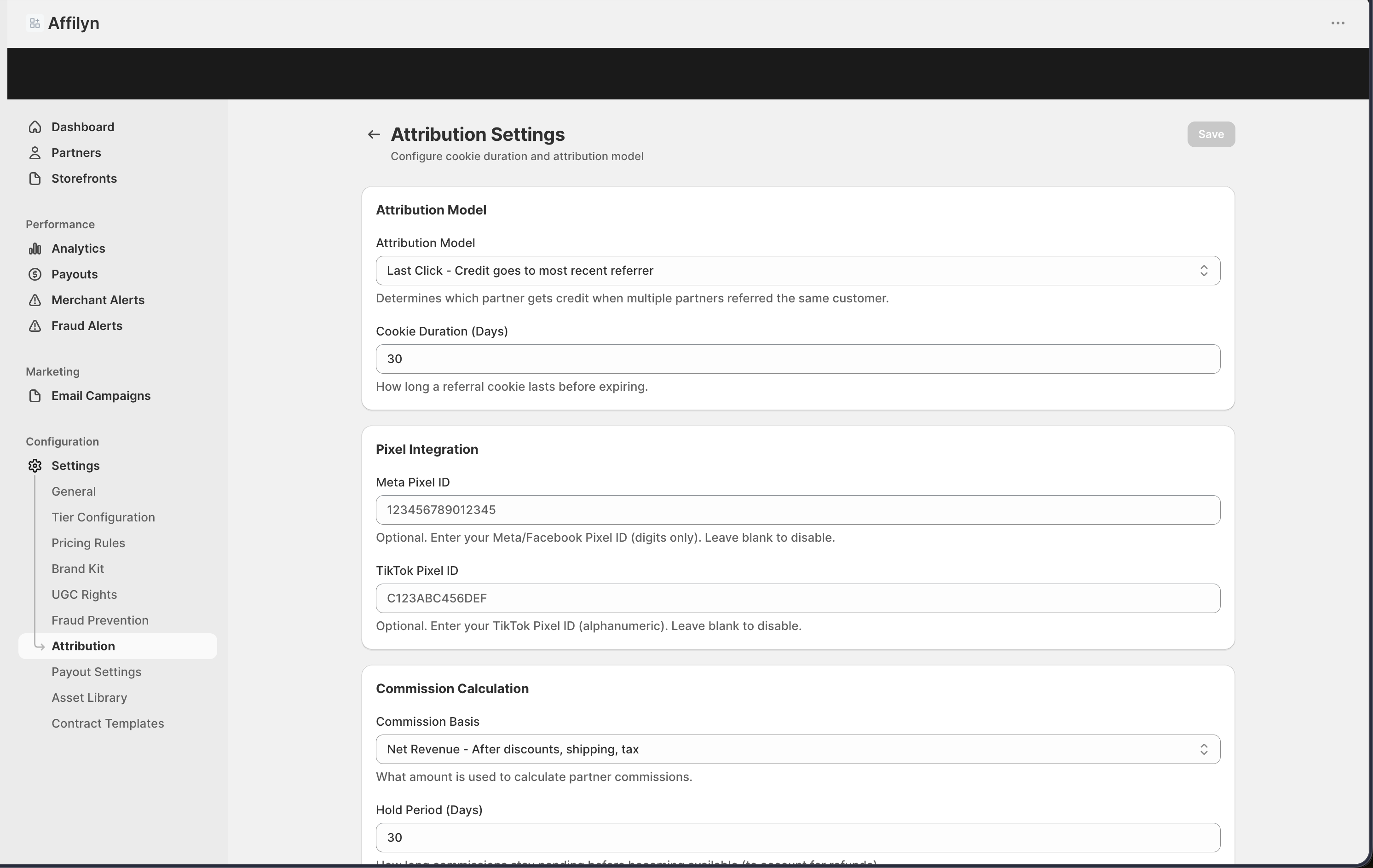 Attribution settings page