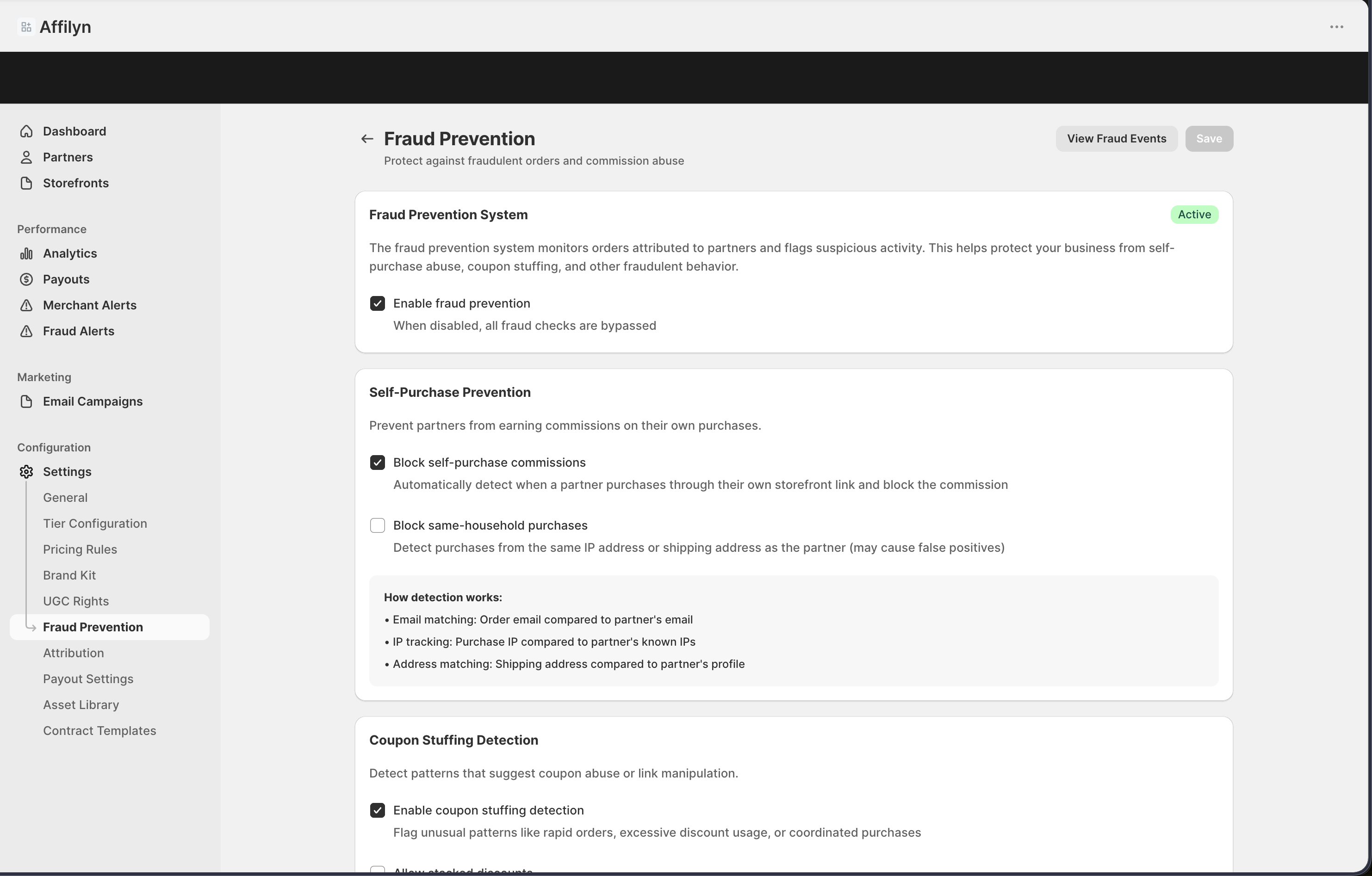 Fraud Prevention settings
