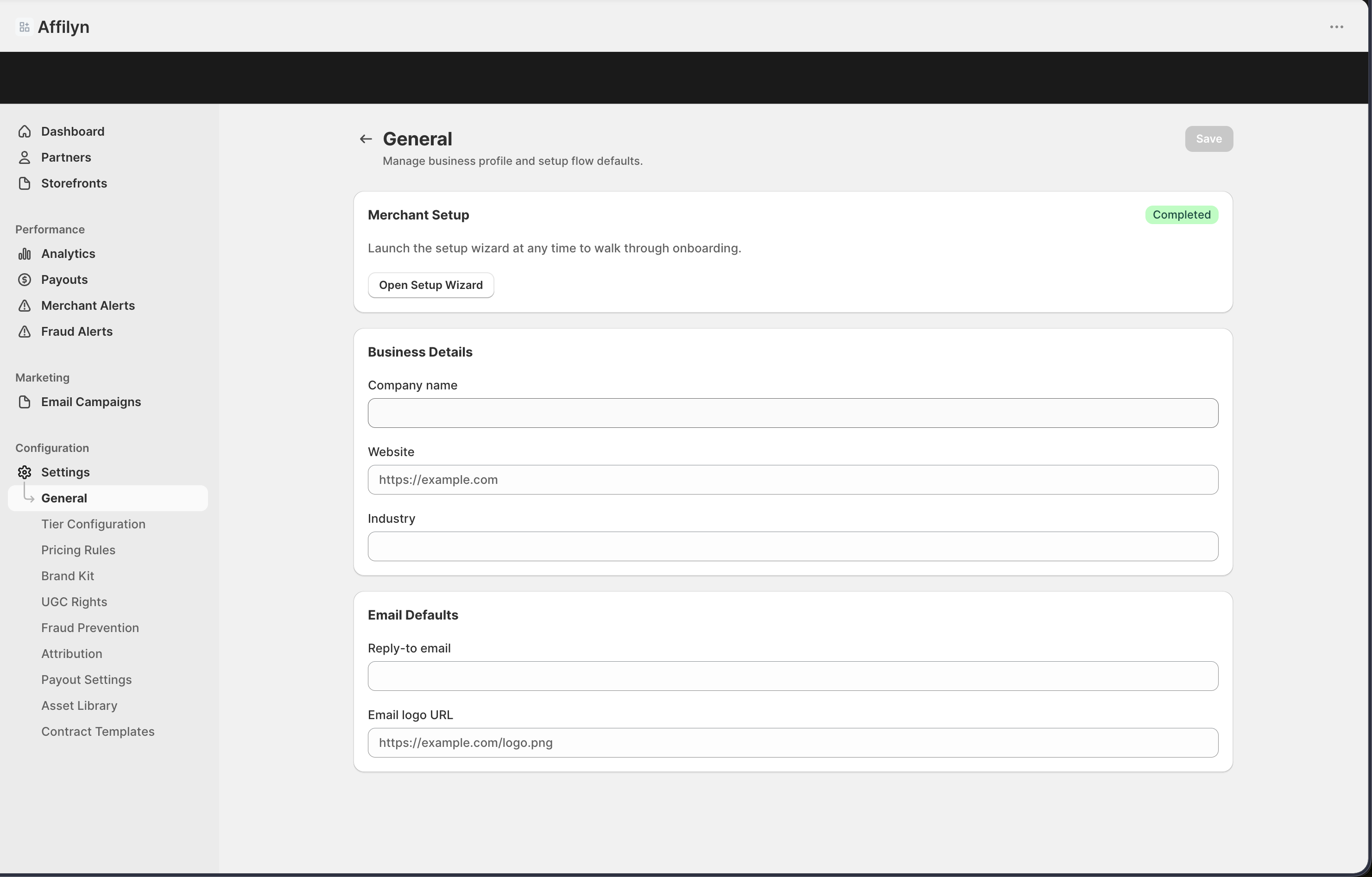 General settings page