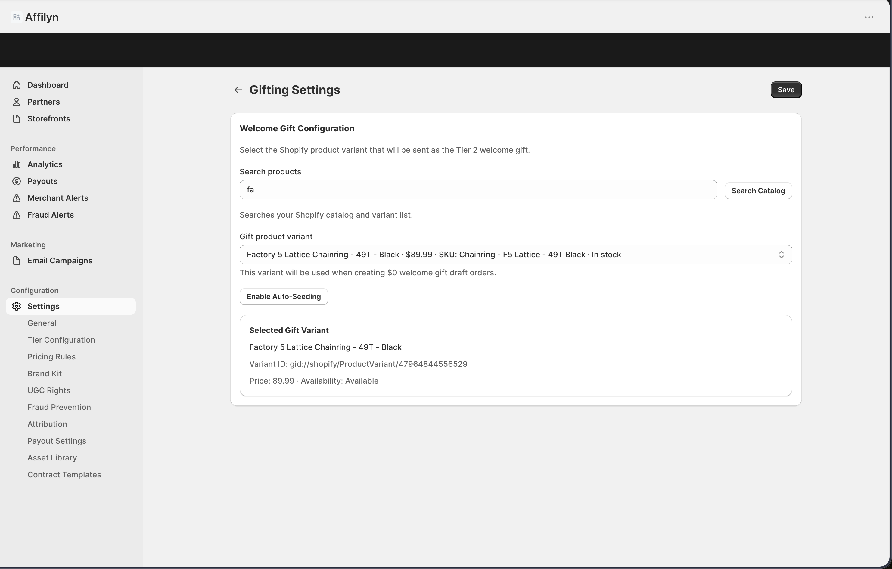 Gifting Settings page