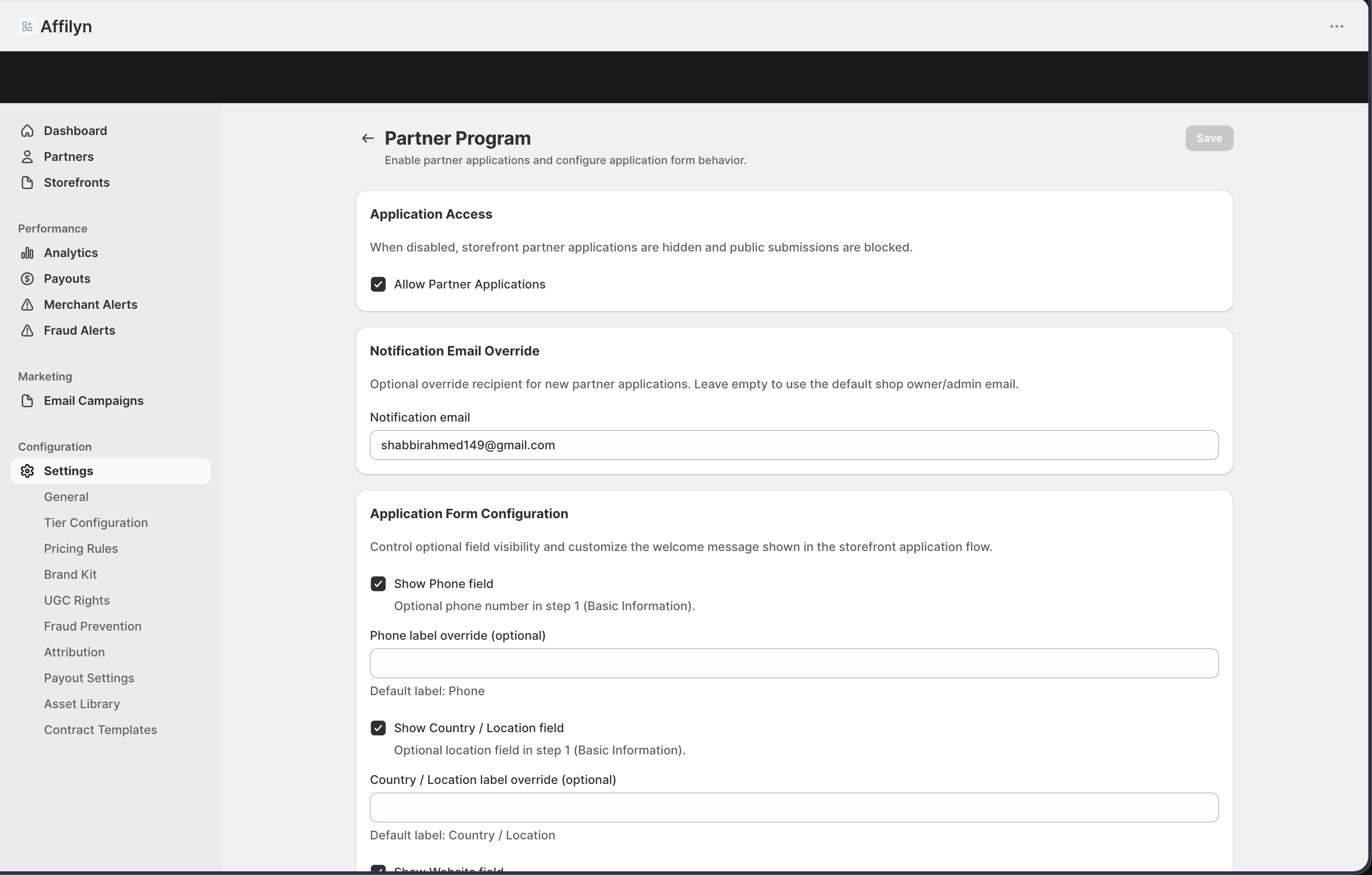 Partner Program settings