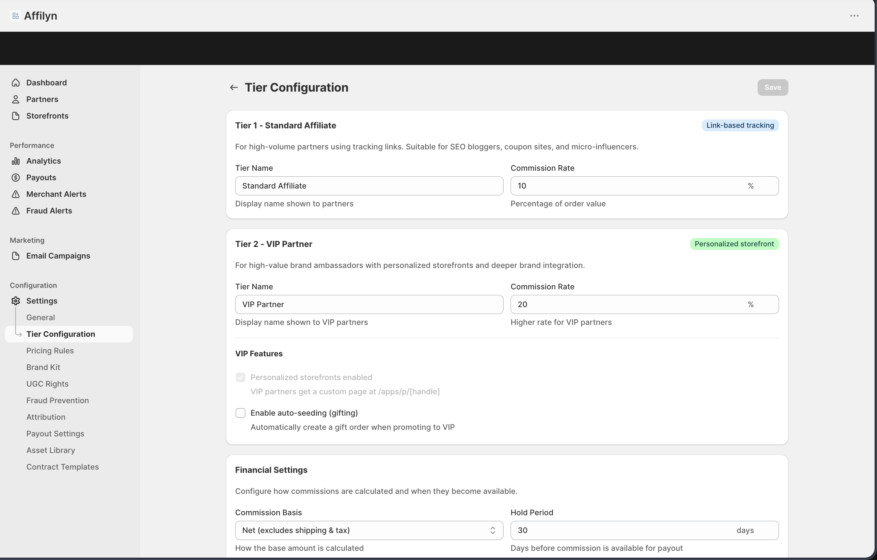 Tier Configuration page