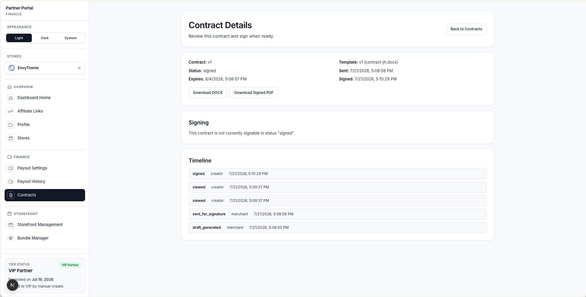 Signed partner contract detail and timeline