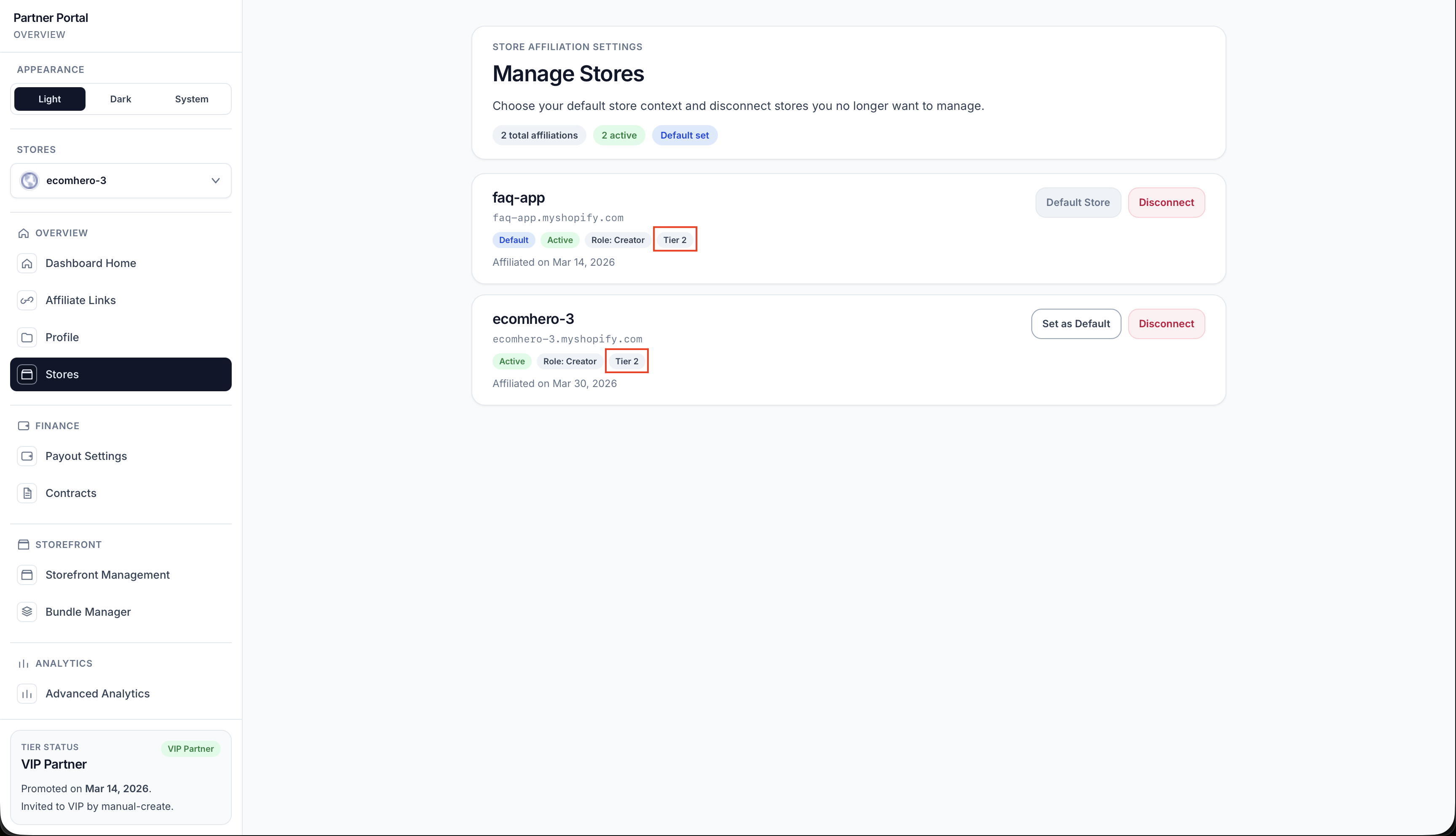 Tier labels on store affiliations