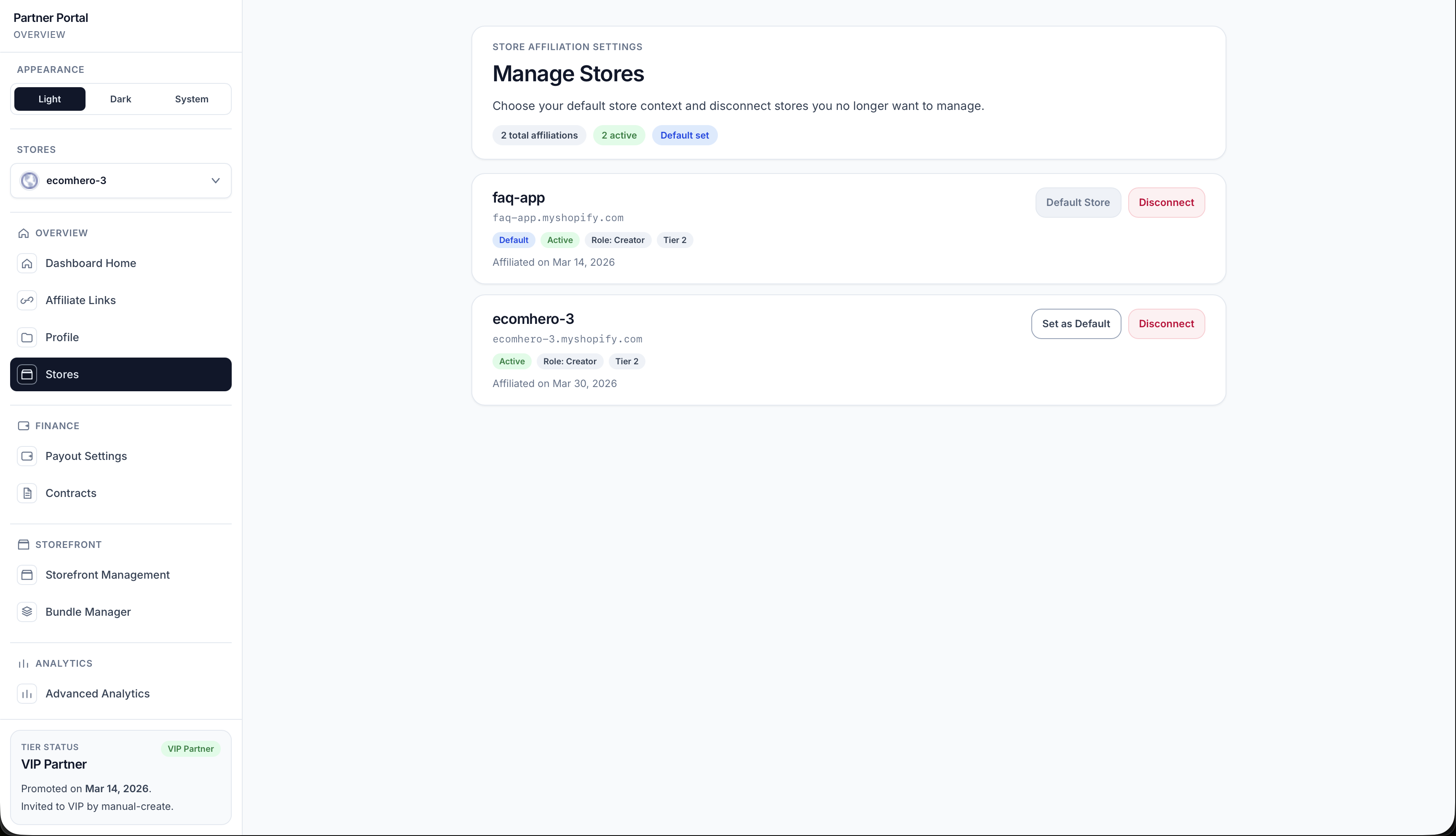 Manage Stores page